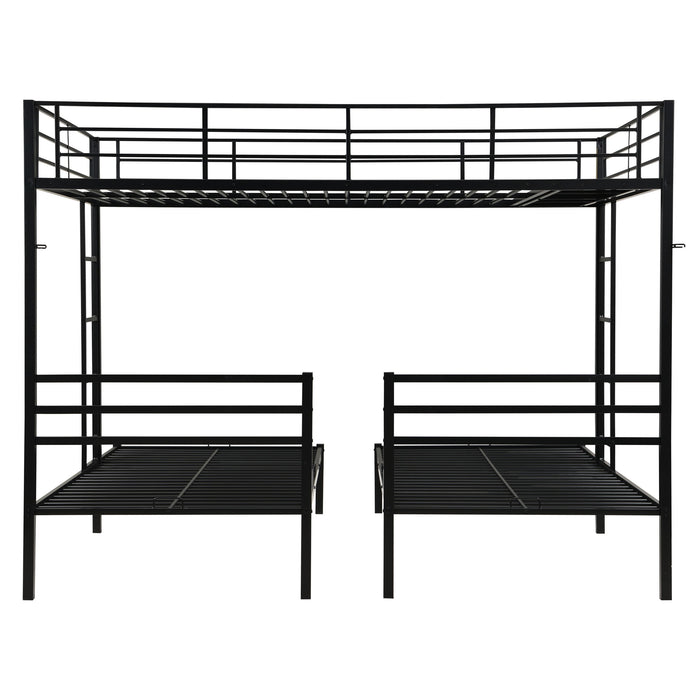 Modern Metal Triple Bunk Bed With Vertical Ladder, Safety Rail, And Storage Shelf - Black