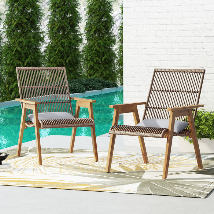 Acacia Wood Cape Woven Wicker Large Lounge Chair With Pillow For Patio, Deck, Yard, Lawn And Garden Seating Wicker (Set of 2) - Teak