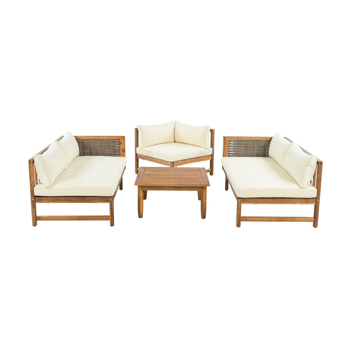 Premium Outdoor Sofa Set With Waterproof Cushions Sectional Seating Group With Acacia Wood And Wicker - Brown Mix / Beige