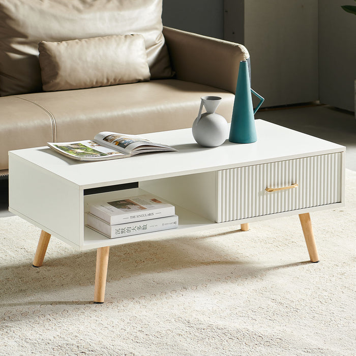 Modern Rectangle Coffee Table With Legs, Sliding Drawer For Storage - White