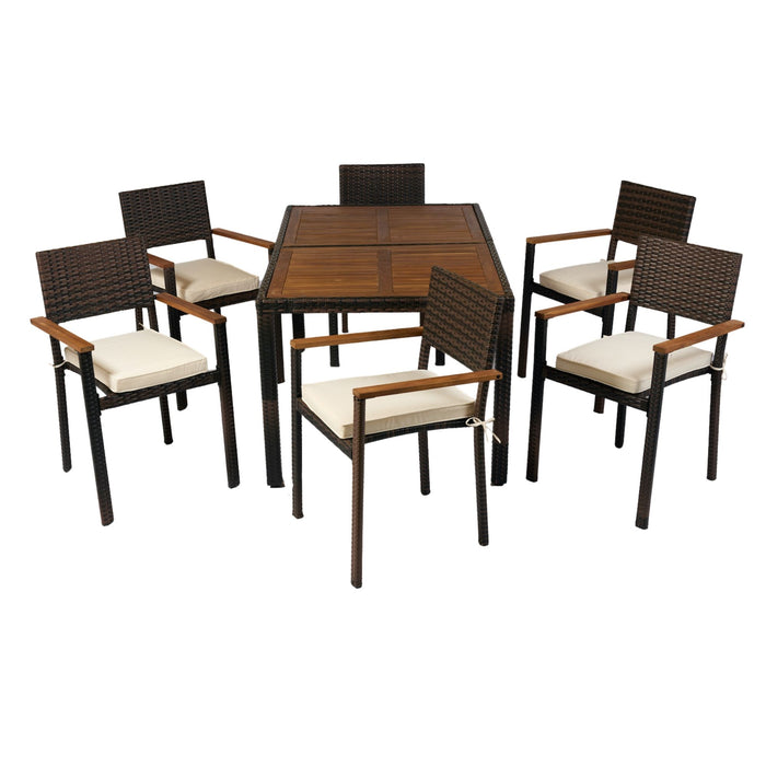 7 Piece Outdoor Patio Wicker Dining Set Patio Wicker Furniture Dining Set With Top - Brown / Cream