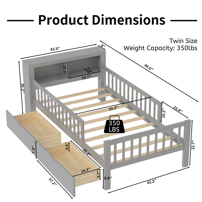 Bed With Headboard Storage Rack, 2 Under Bed Drawers, 3 Side Guardrails For Safety