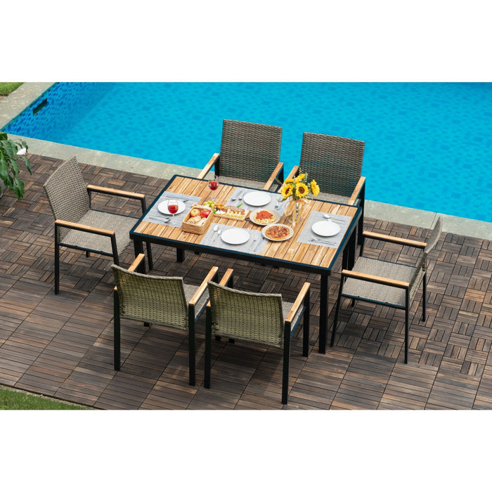 All Weather 7 Piece Patio Dining Table Set With Umbrella Hole - Brown / Gray
