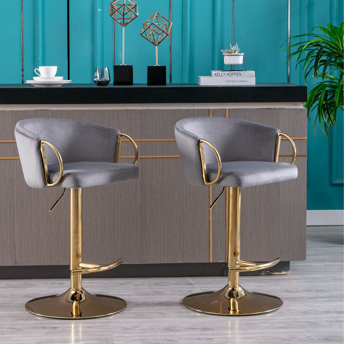 (Set of 2) Bar Stools, With Chrome Footrest And Base Swivel Height Adjustable Mechanical Lifting Velvet And Golden Leg Simple Bar Stool - Gray