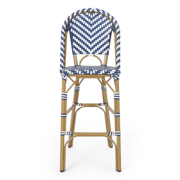 Outdoor Rattan French Barstool Set,, Bamboo, Seat Height - Navy Blue / White