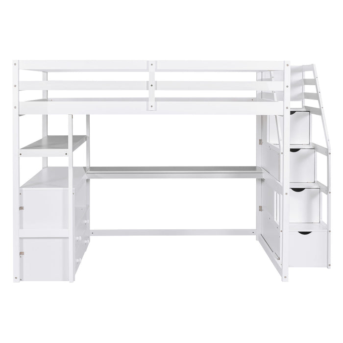 Loft Bed With Desk, Shelves, 2 Drawers, Storage Staircase