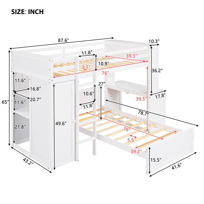 Loft Bed With A Stand Alone Bed, Shelves, Desk, And Wardrobe