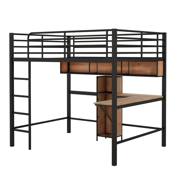 Full Size & Loft Bed With L-Shaped Desk And Shelves - Black