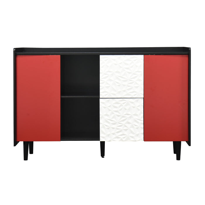 Modern Sideboard Buffet Cabinet With Red Doors And Unique Panel Styling