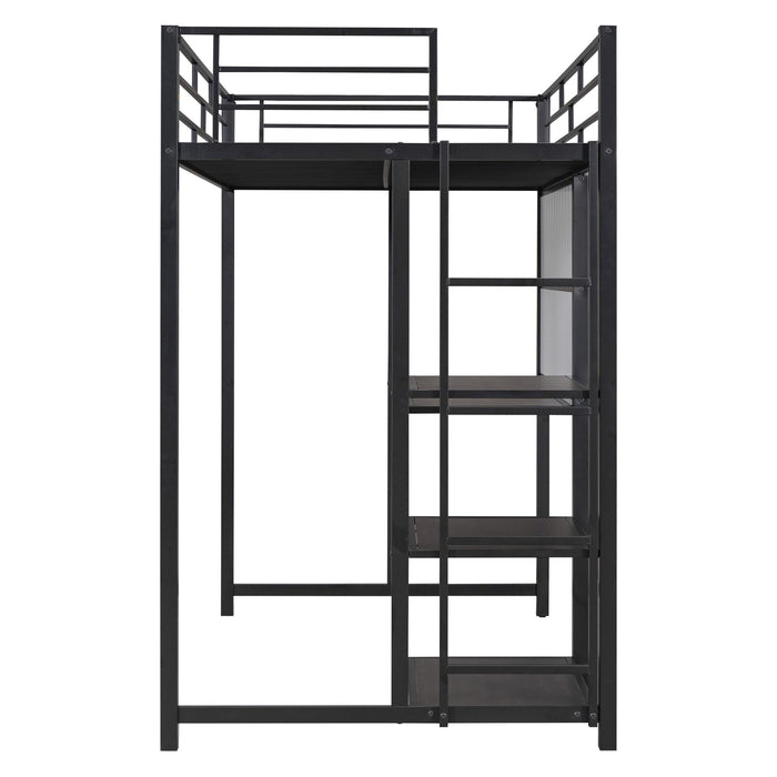 Metal Loft Bed With Desk, 3 Shelves And Ladder