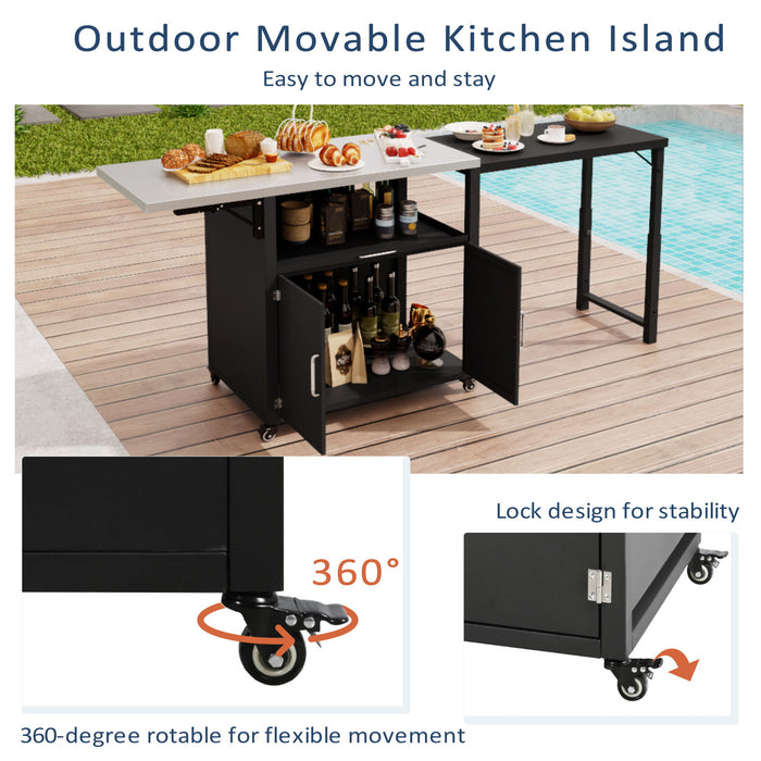 Versatile Outdoor Cabinet With Folding & Expandable Work Surfaces, Ample Storage Space, And Lockable Wheels - Matte Black