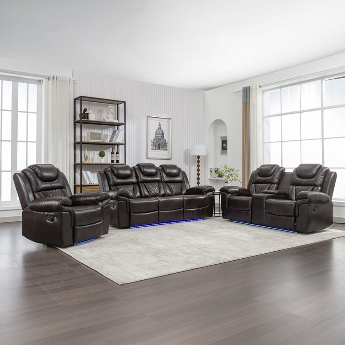 3 Pieces Recliner Sofa Sets Home Theater Seating Manual Recliner Chair & Center Console And LED Light Strip For Living Room - Brown