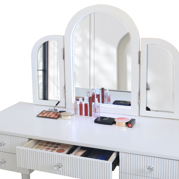 Mirrored Makeup Vanity Table Set With Adjustable Lighting And Storage