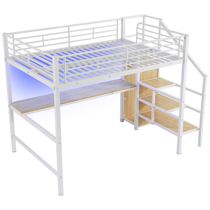 Loft Bed With Desk, Storage Staircase, Small Wardrobe And LED Light