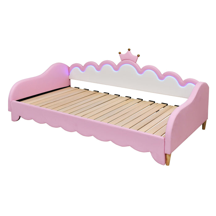 Extending Daybed With LED Lights, Modern Upholstered Princess Daybed With Crown Headboard