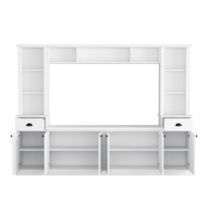 On Trend Minimalist Entertainment Wall Unit Set With Bridge For TVs Up To 75 Inches, Ample Storage Space TV Stand With Adjustable Shelves, Modernist Large Media Console For Living Room, White