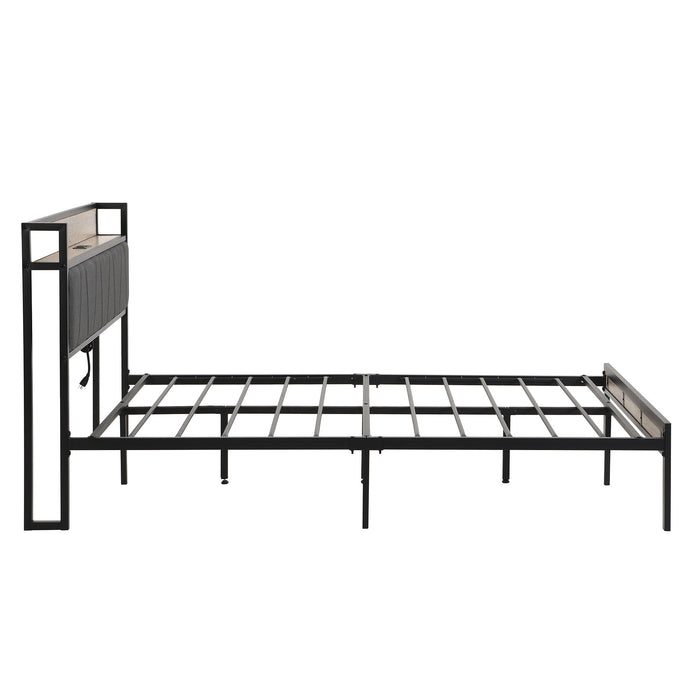 Modern Platform Bed Frame With Upholstered Storage Headboard, USB Ports