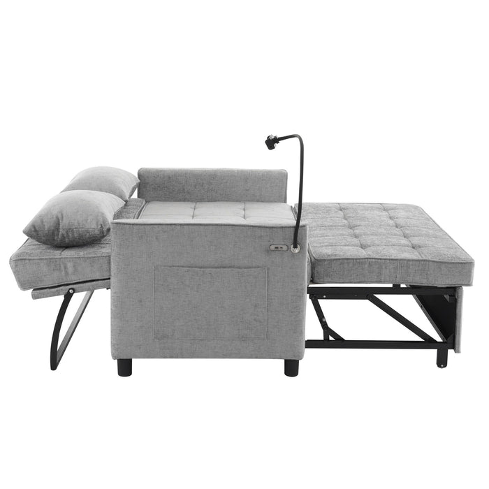 Pull-Out Sleeper Sofa With Reversible Backrest Cushion, Side Pockets, 2 USB Ports And A Phone Holder For Living Room