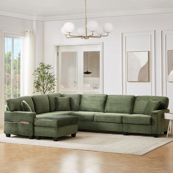 Upholstered U-Shaped Sectional Sofa With Movable Ottoman And Side Storage Pockets
