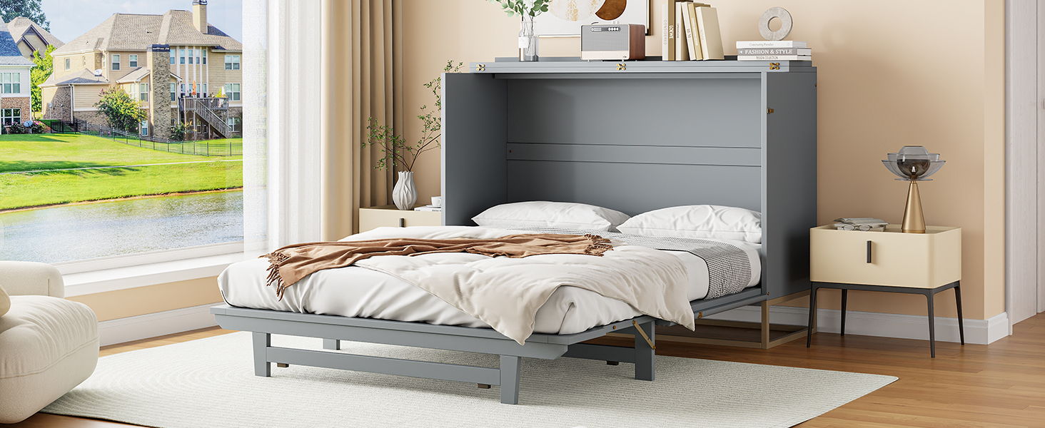 Murphy Bed With Frosted Glass Doors Design, Fake Drawers, Metal Legs