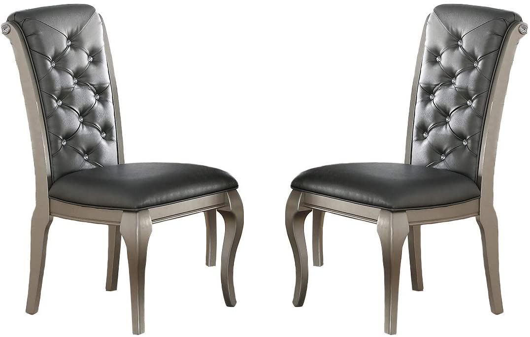 Luxury Antique Silver Wooden (Set of 2) Dining Side Chairs Gray Faux Leather / PU Tufted Upholstered Cushion Chairs