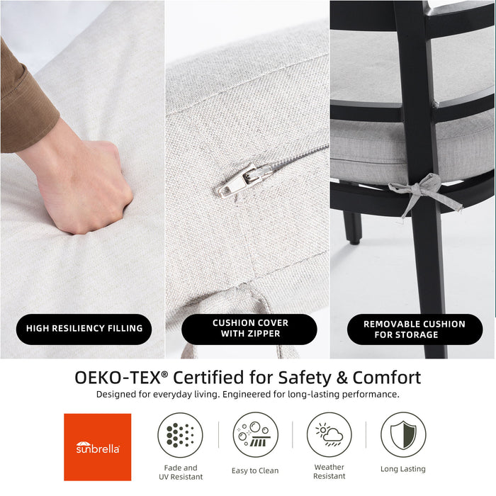 Outdoor Patio Dining Set, Squircle Dining Table, Dining Chairs With Sunbrella Cushions