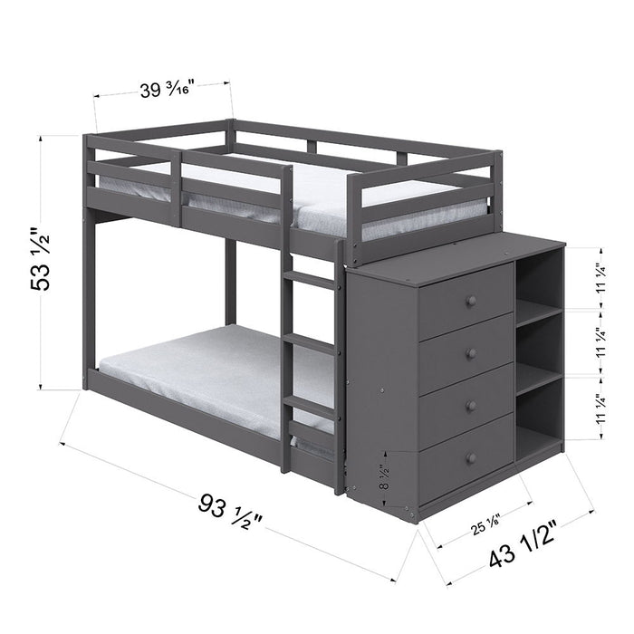 Gaston - Twin Over Twin Bunk Bed With 4 Drawers & 3 Compartments - Gray
