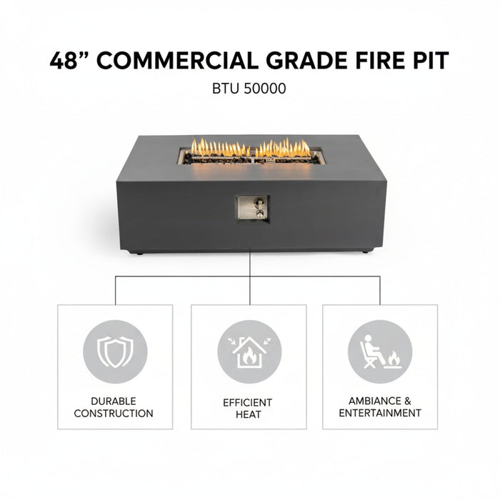 Volon - Rectangular Fire Pit Table, Propane Powered, 50,000 BTU - Light Gray