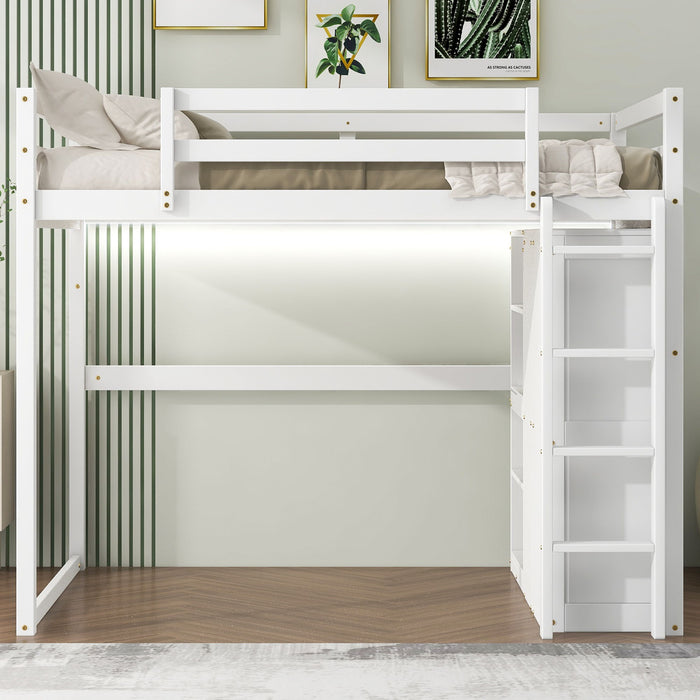 Loft Bed With Built In Wardrobe, Storage Shelves, And LED Light