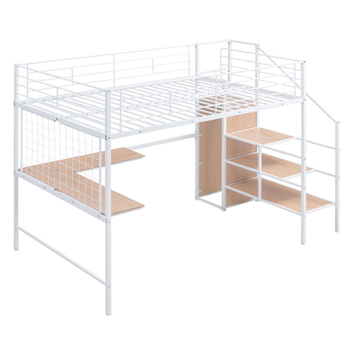 Loft Bed With Desk And Grid, Stylish Frame With Lateral Storage Ladder And Wardrobe