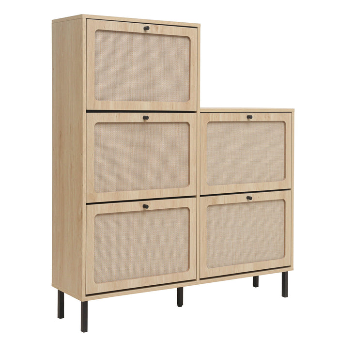 Modern Rattan 5 Door Shoe Storage Cabinet For Entryway Freestanding Design - Natural