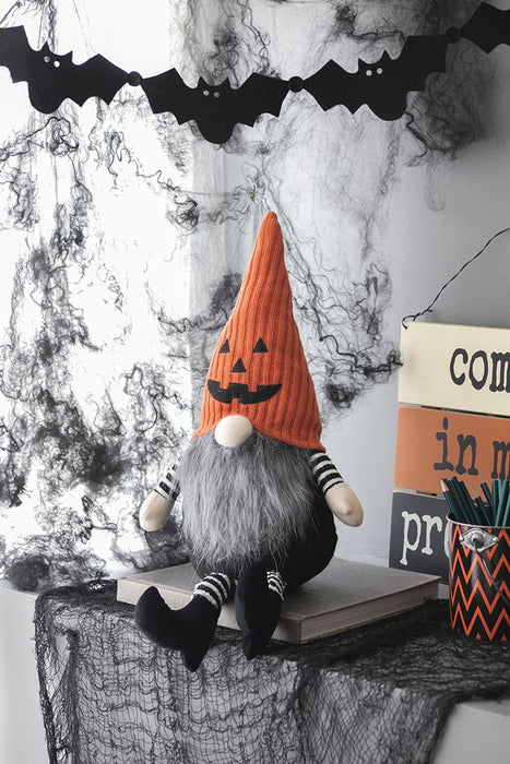 Sitting Gnome With Knit Hat, For Halloween Decor - Black / Orange / White