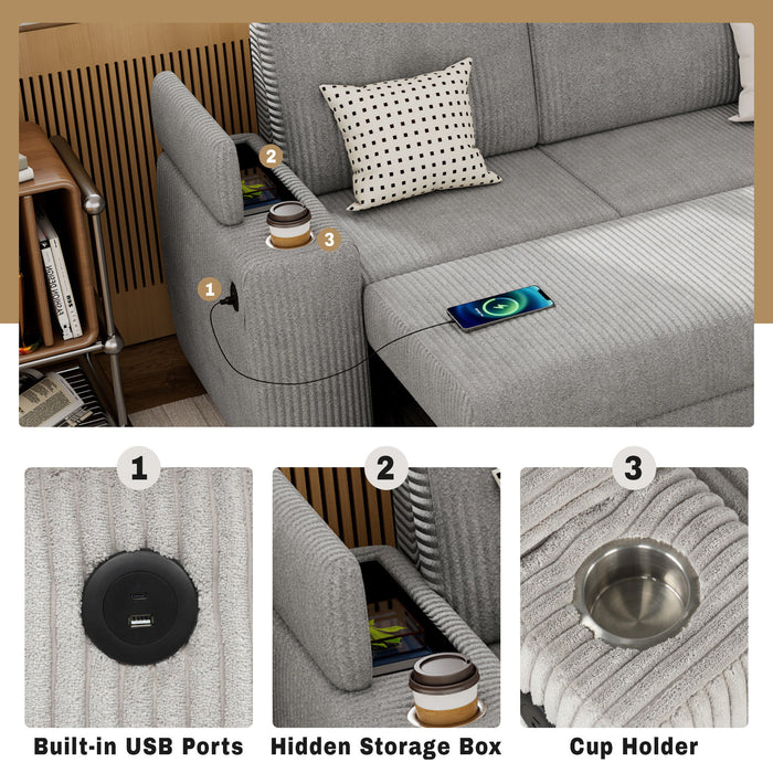 Pull-Out L-Shaped Sectional Sofa With Movable Ottoman And Stool, Large Storage Space, A Cup Holder, And 2 USB Ports For Living Room