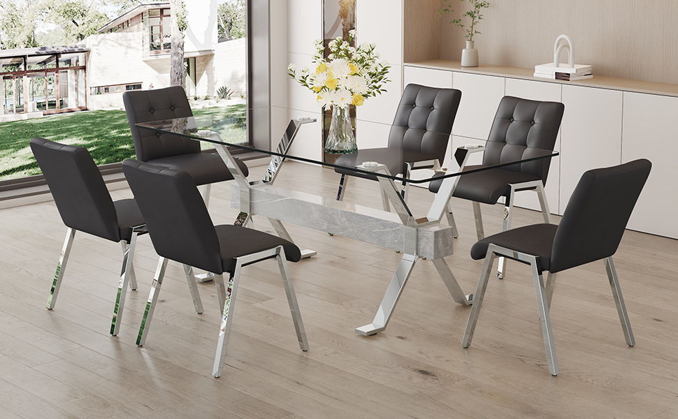Table And Chair Set 1 Table And 6 Black Chairs Tempered Glass Desktop Equipped With Silver Plated Metal Legs And MDF Crossbars Paired With Armless Soft Backrest Dining Chairs