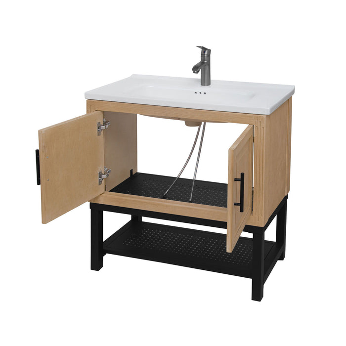 Modern Freestanding Bathroom Vanity With Ceramic Sink, Hot And Cold Faucet, Storage Cabinet & Open Shelf