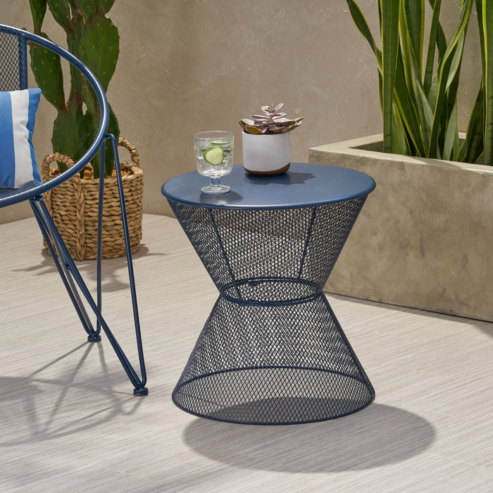Zine - Outdoor Side Table With Hourglass Shaped And Iron Frame - Navy