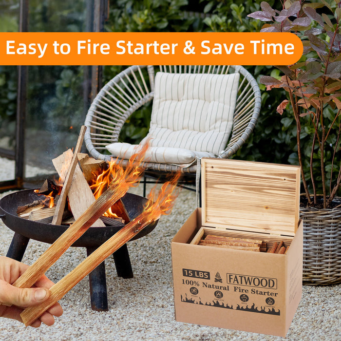 15 Lbs Fatwood Fire Starter Sticks With Box, 100% Natural Kindling Wood, Pine Firewood Firestarter For Campfire, Stove, Fireplace, Bonfires, Grill - Natural