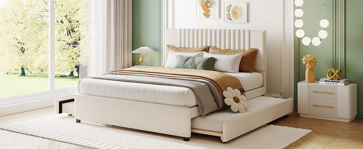 Upholstered Platform Bed With Drawers, Classic Headboard Design