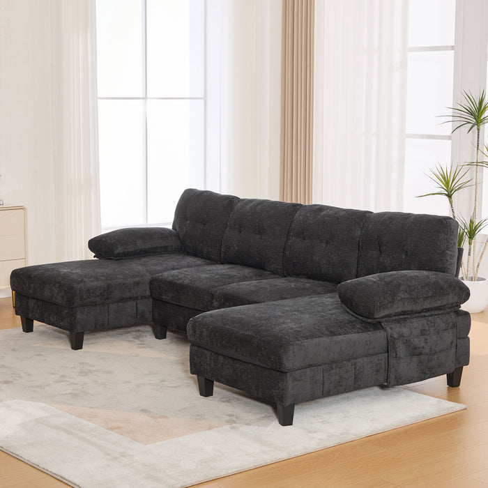 U-Shaped Sectional Sofa 103.5" Black Chenille Fabric Couch With Dual Chaise Lounges, Storage Pockets, Armrest Pillows