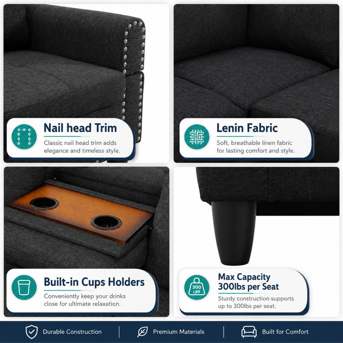 L - Shaped 3 Piece Sectional Sofa With Chaise, Storage Ottoman & Cup Holders