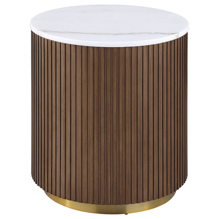 Jason 2-piece Round White Marble Coffee Table Set Honey Brown