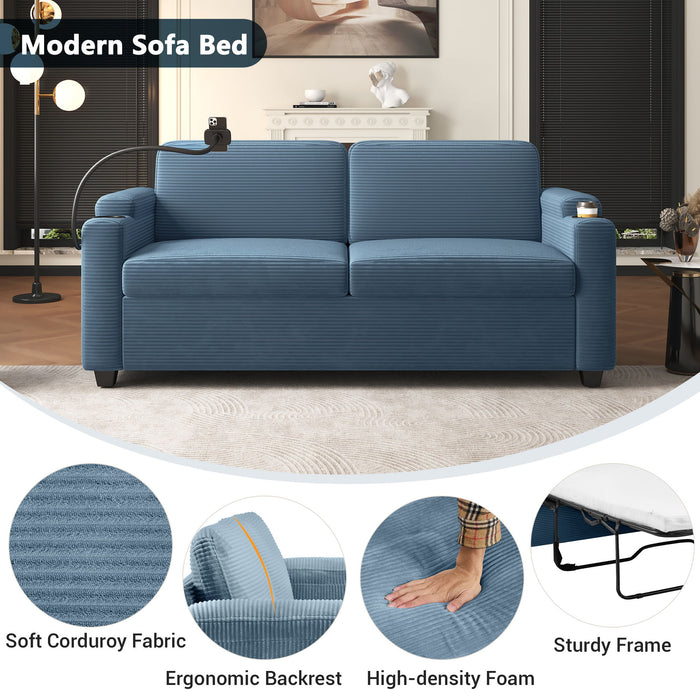 Corduroy Sleeper Sofa Loveseat Sofa With Full Size Mattress, 2 USB Ports, 2 Cup Holders, 2 Side Pockets And Phone Holder