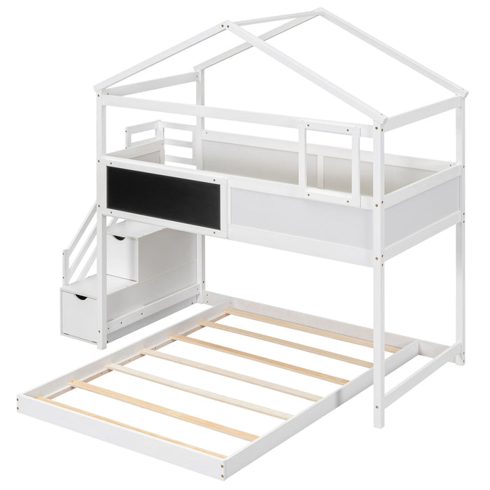 House Style Bunk Bed With Storage Staircase And Blackboard