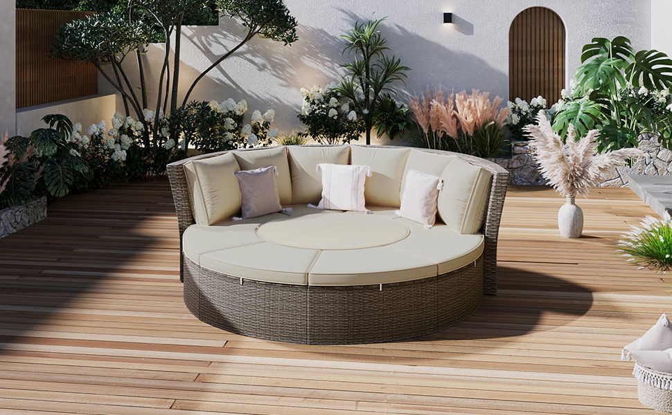 Topmax Patio 5 Piece Round Rattan Sectional Sofa Set All-Weather PE Wicker Sunbed Daybed With Round Liftable Table And Washable Cushions For Outdoor Backyard Poolside, Gray