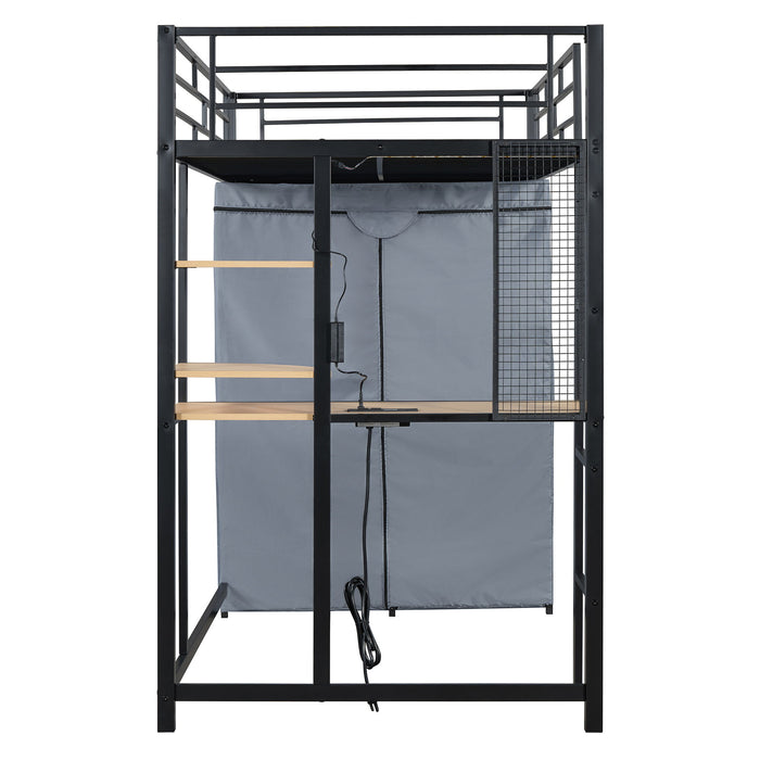 Loft Bed With Desk, Shelves, Power Outlet, LED Light And Wardrobe