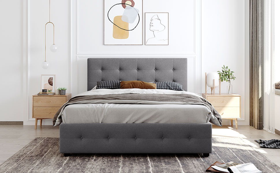 Upholstered Platform Bed With Classic Headboard And Drawers, No Box Spring Needed