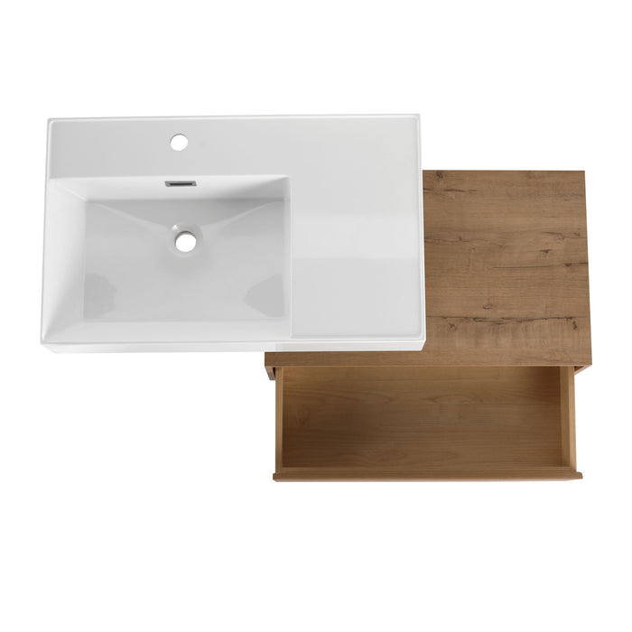 Modern Imitative Wall Mounted Bathroom Vanity With Resin Sink And Side Cabinet