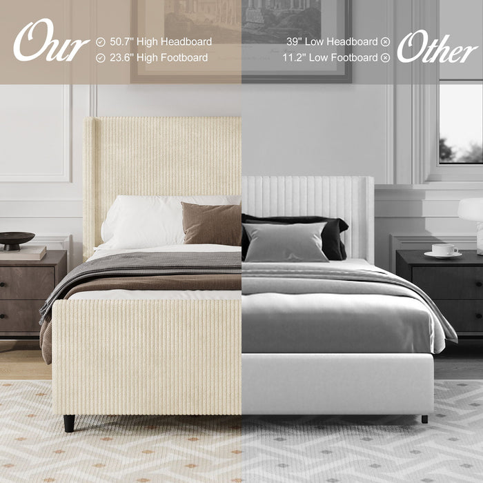 Corduroy Upholstered Bed Frame With Vertical Stripe Wingback And High Footboard