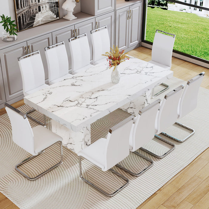 One Piece Of White MDF Material With Patterns On The Dining Table 10 PU Synthetic Leather High Backrest Cushioned Side Chairs With C-Shaped Silver Metal Legs