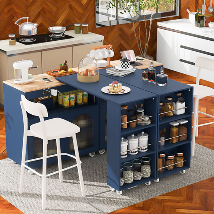 K & K Rolling Kitchen Island With Extended Table, Kitchen Island On Wheels With LED Lights, Power Outlets And 2 Fluted Glass Doors, Kitchen Island With A Storage Compartment And Side 3 Open Shelves, Navy
